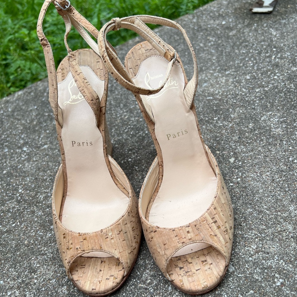 Christian Louboutin cork ankle strap wedge heels